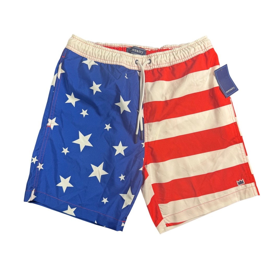 Crown & Ivy Men's American Flag USA Swim Trunks Patriotic Swimwear Shorts‎ Small